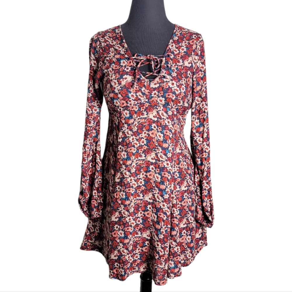 Hollister floral lace up v neck mini dress long sleeve boho women's size small